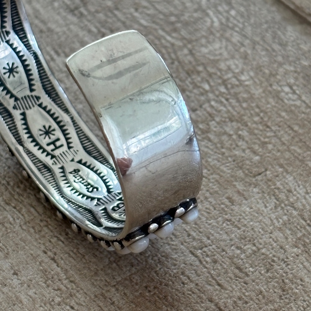 Mother of Pearl Navajo 3 Row Penny Dot Sterling Silver Cuff Bracelet - Picture 5 of 8